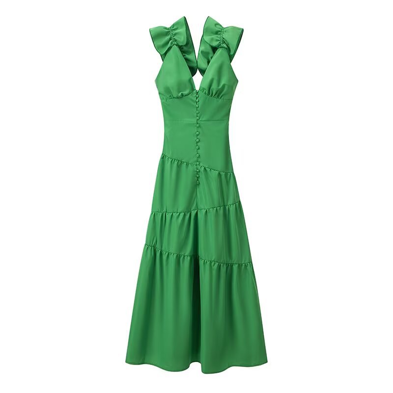Women's maxi dress with a flowing ruffle design and elegant V-neck Ivyshape
