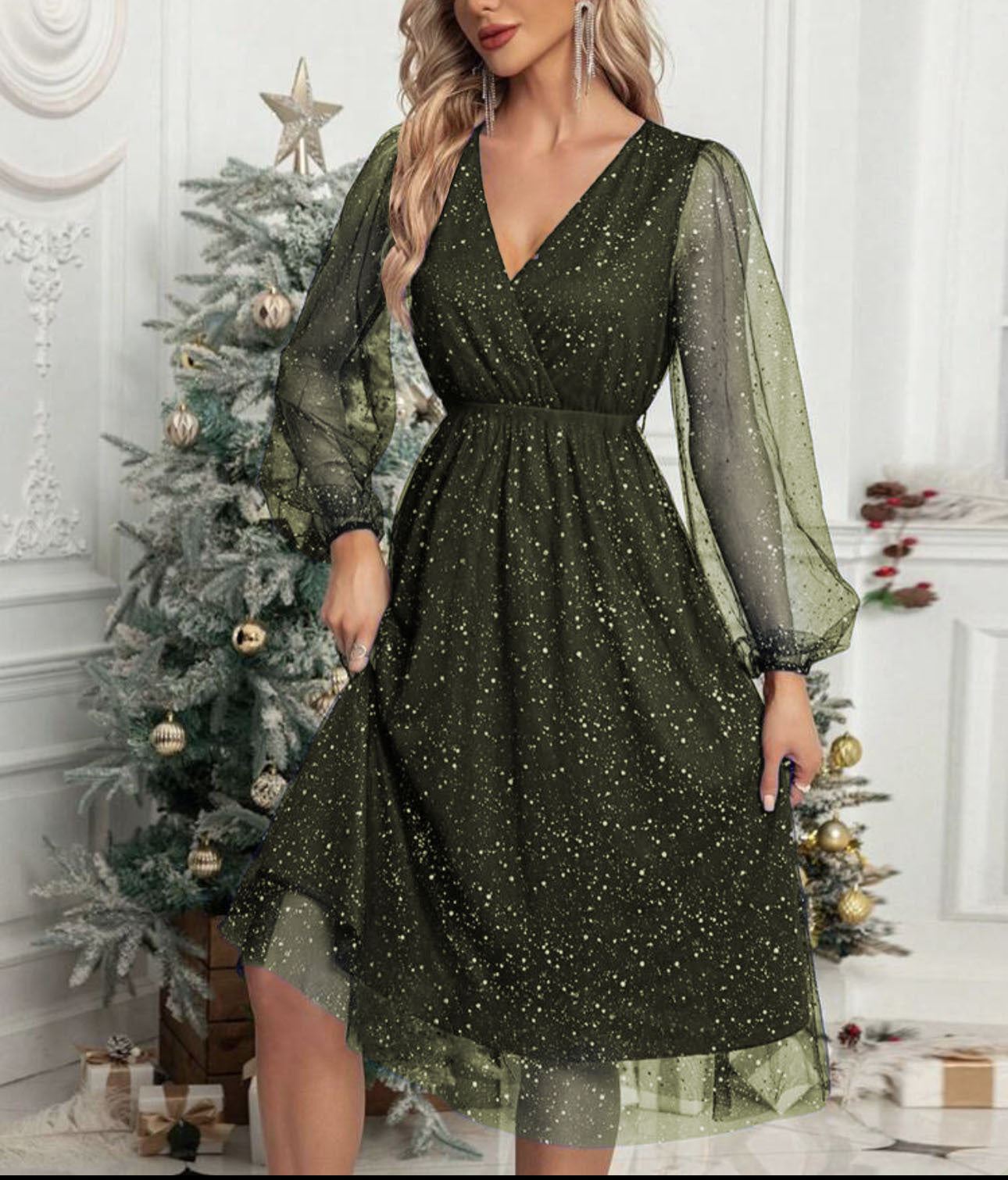 Ladies mididress with sparkling glitter and transparent puff sleeves Ivyshape