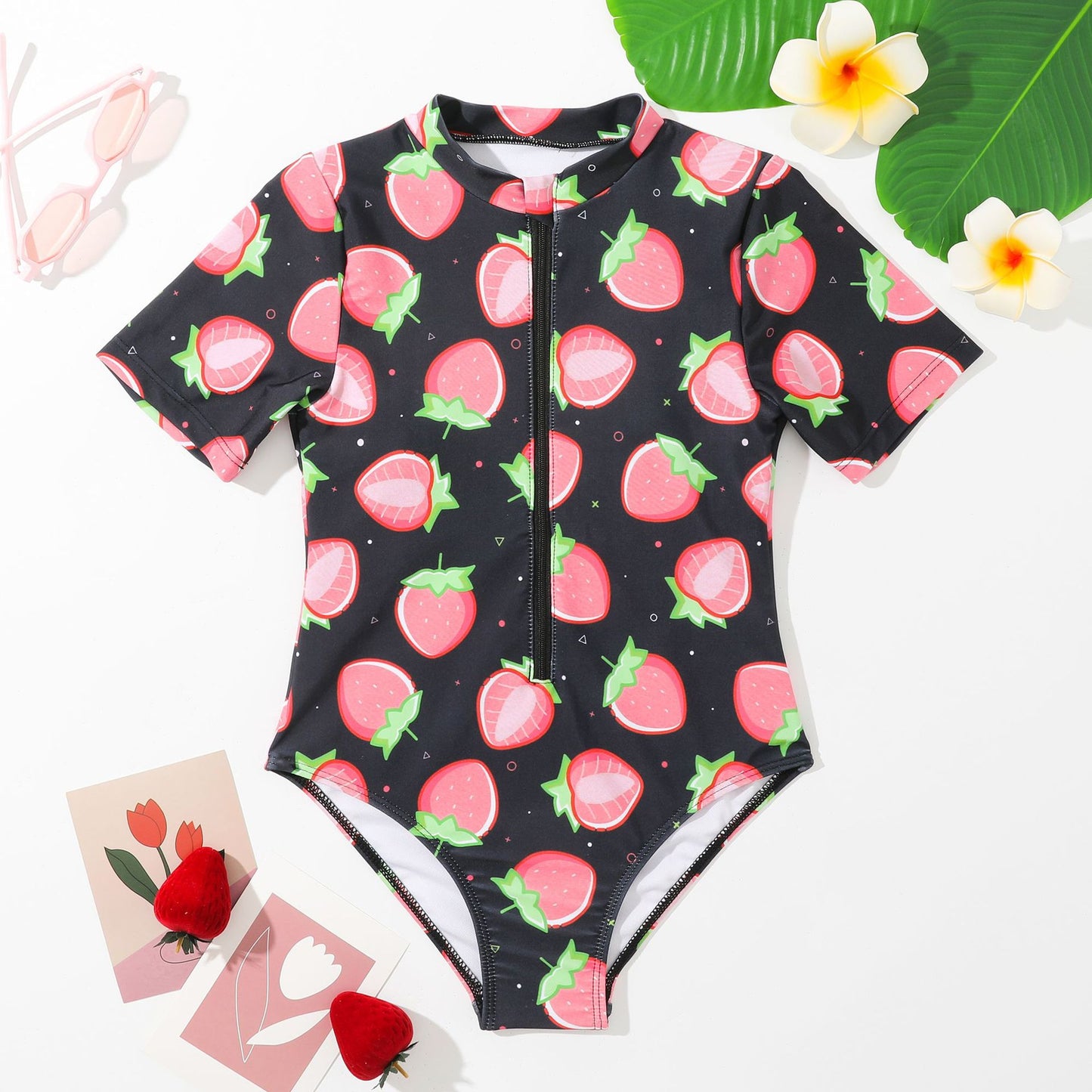 Women's UV Protection Swimwear with Fruity Design and Short Sleeve Ivyshape