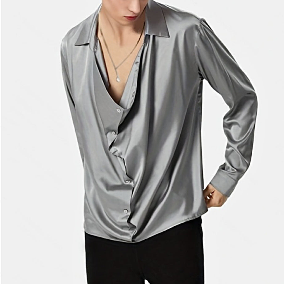 Men's Elegant Long Sleeve Shirt with Draped Button Placket and Silky Finish Ivyshape