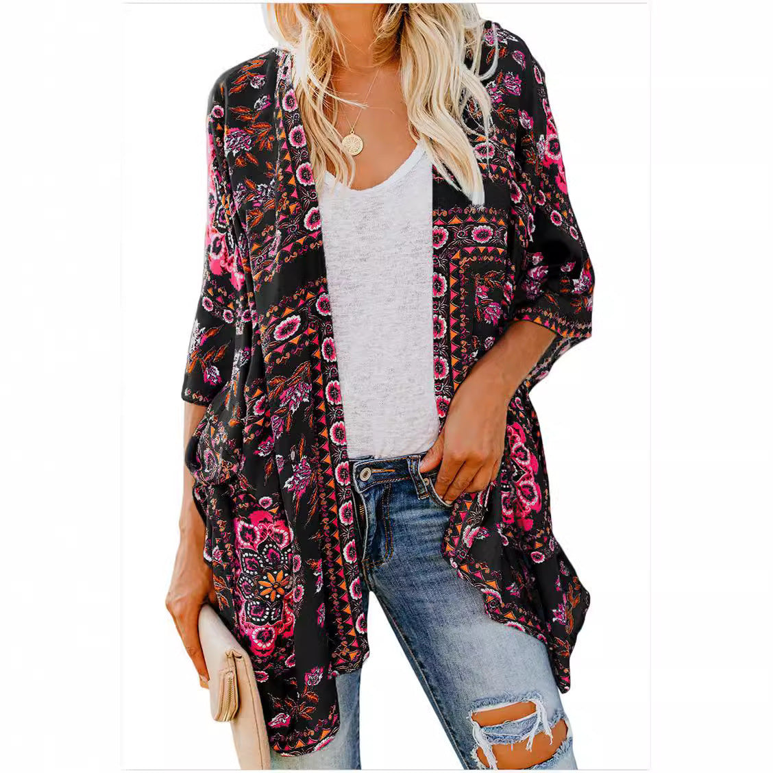Ladies airy kimono with floral pattern and loose fit Ivyshape