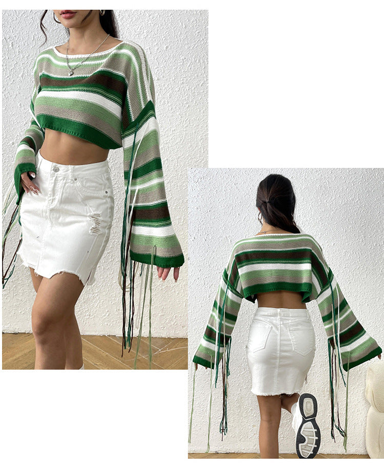 IvyShape | Rainbow striped fringed crop pullover