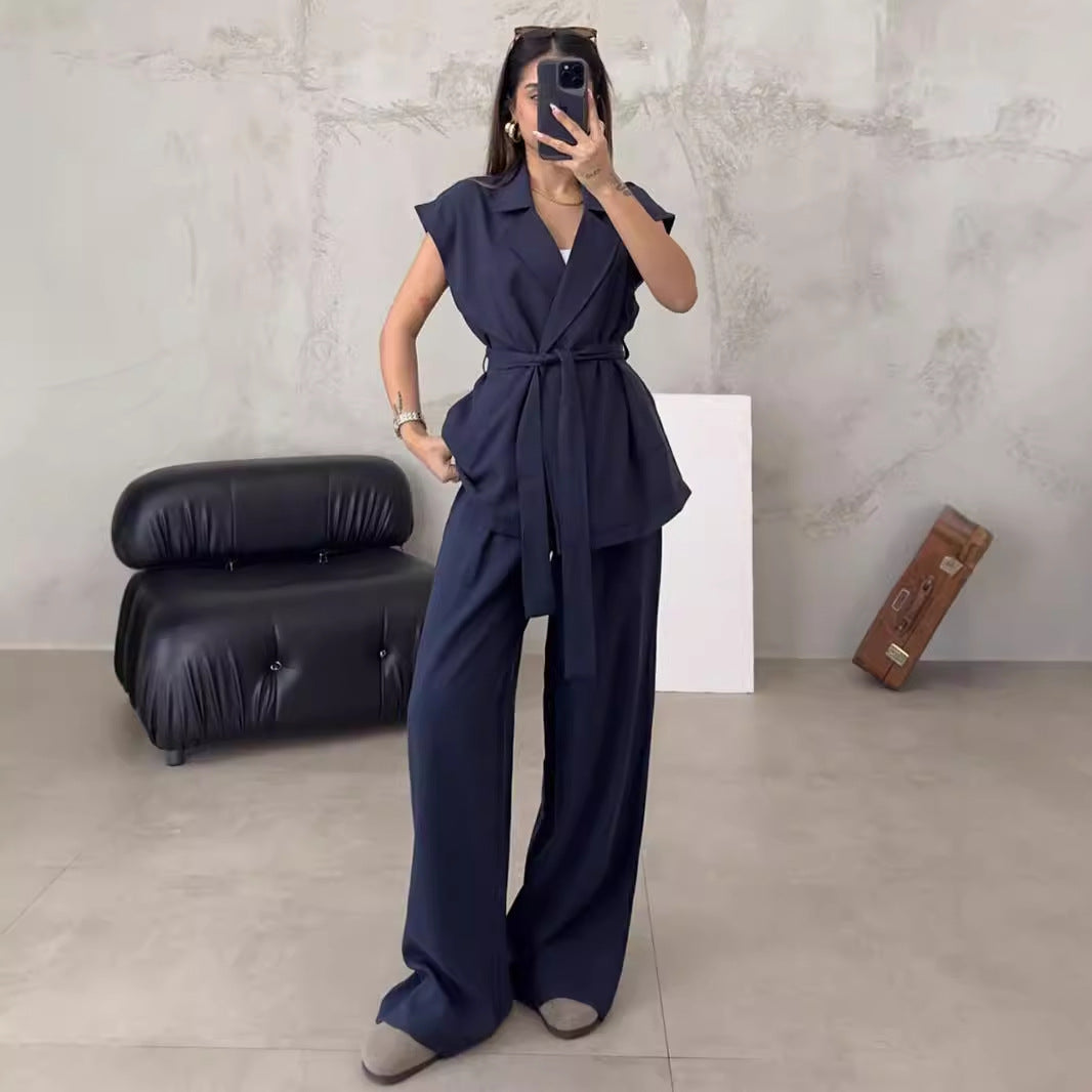 Women's tailored wrap top and wide leg pants set Ivyshape