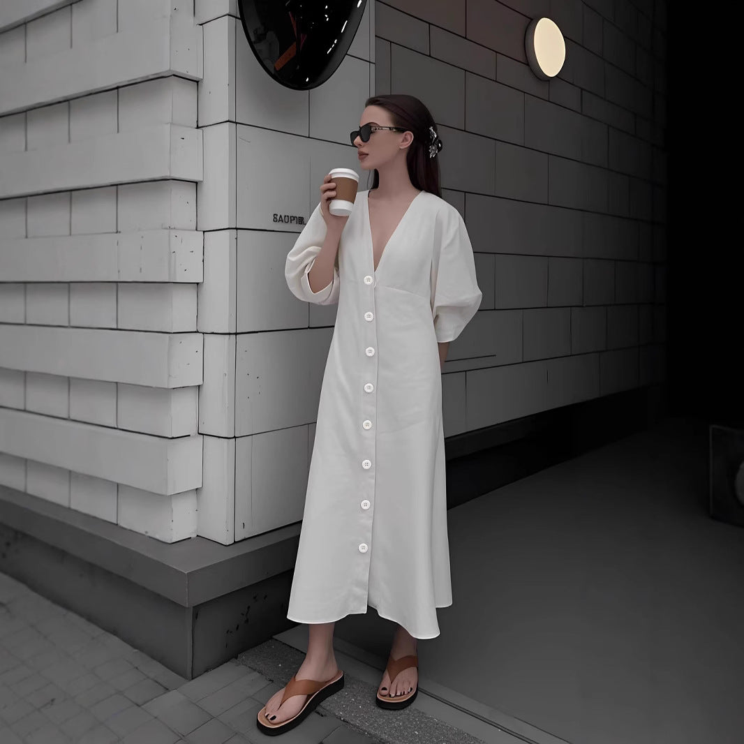 Women Loose Linen Button Dress Ivyshape