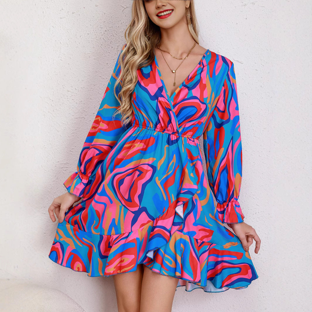 Women's Short Dress with Wrap Design and Cheerful Pattern Ivyshape