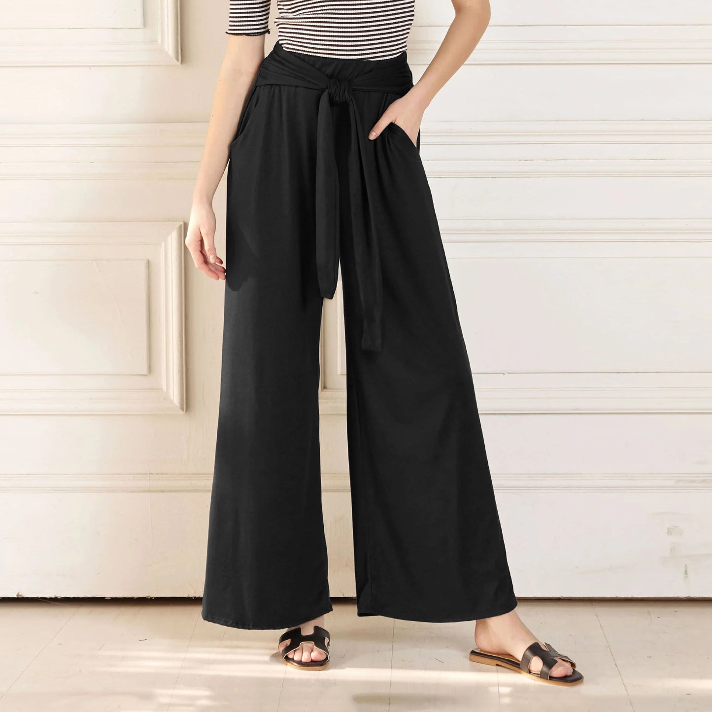 Ladies wide-cut summer pants with high-quality waistband and elegant bow detail Ivyshape