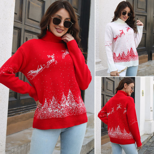 Women's Cozy Christmas Sweater with High Collar and Festive Motif Ivyshape