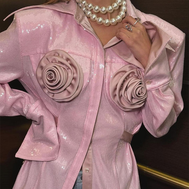 Women Glamorous Blouse with 3D Rose Applications and Glitter Ivyshape