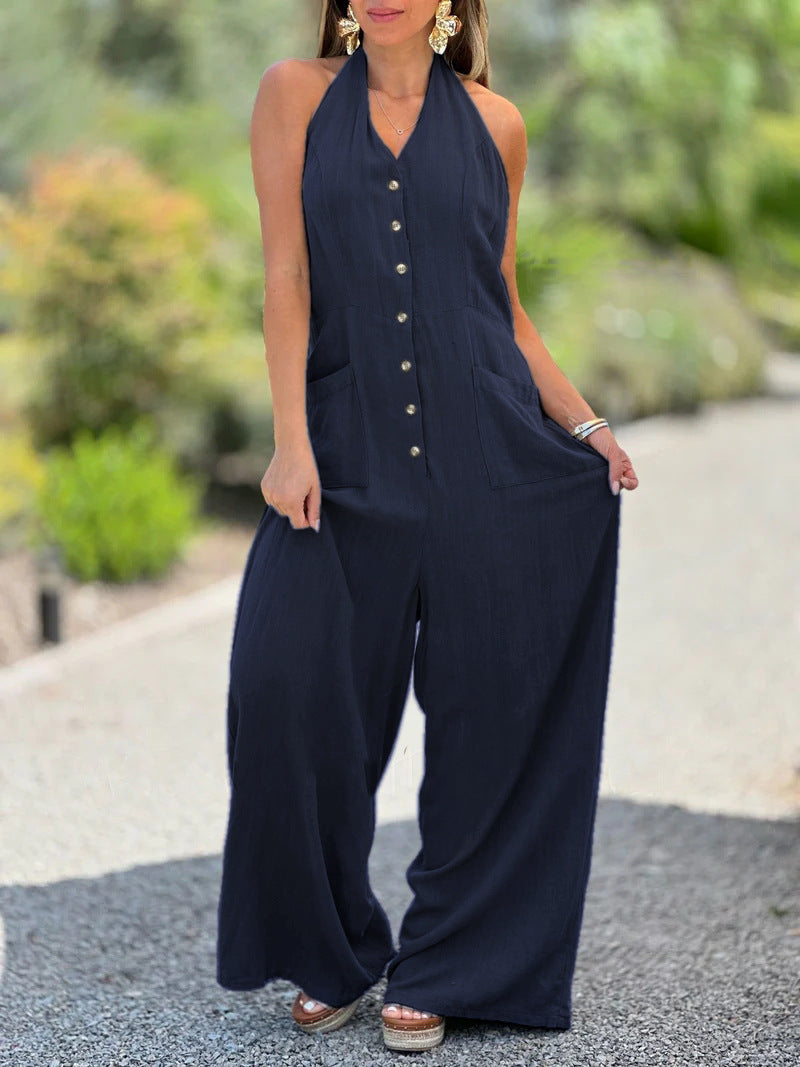 IvyShape | Backless Sleeveless Loose Cotton Linen Tie Jumpsuit