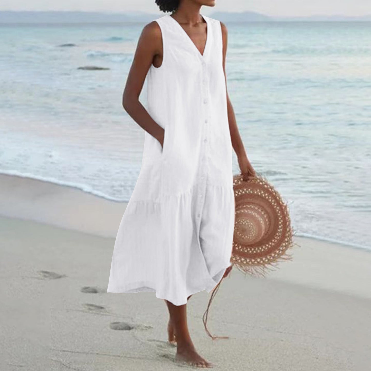 Women's airy maxi dress with button placket and practical pockets Ivyshape