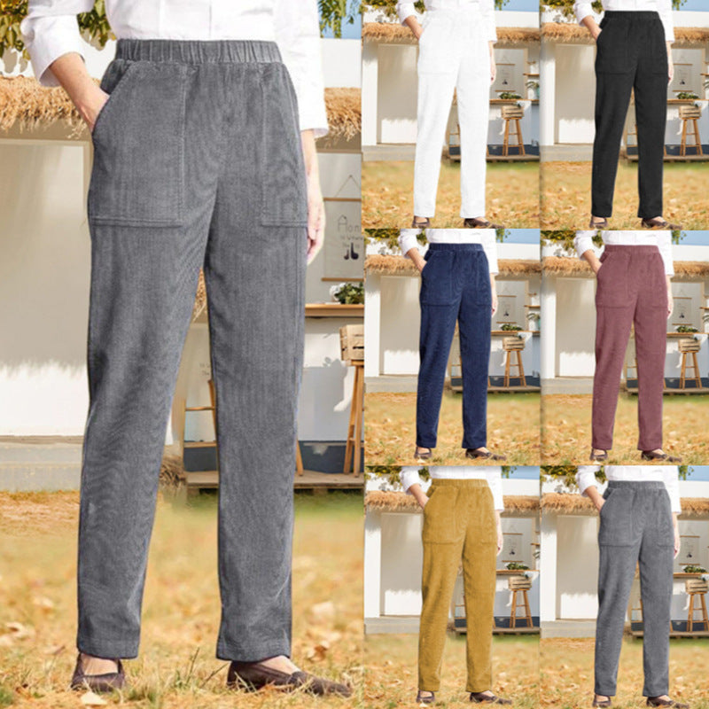 Women's corduroy pants with elastic waistband and practical pockets Ivyshape