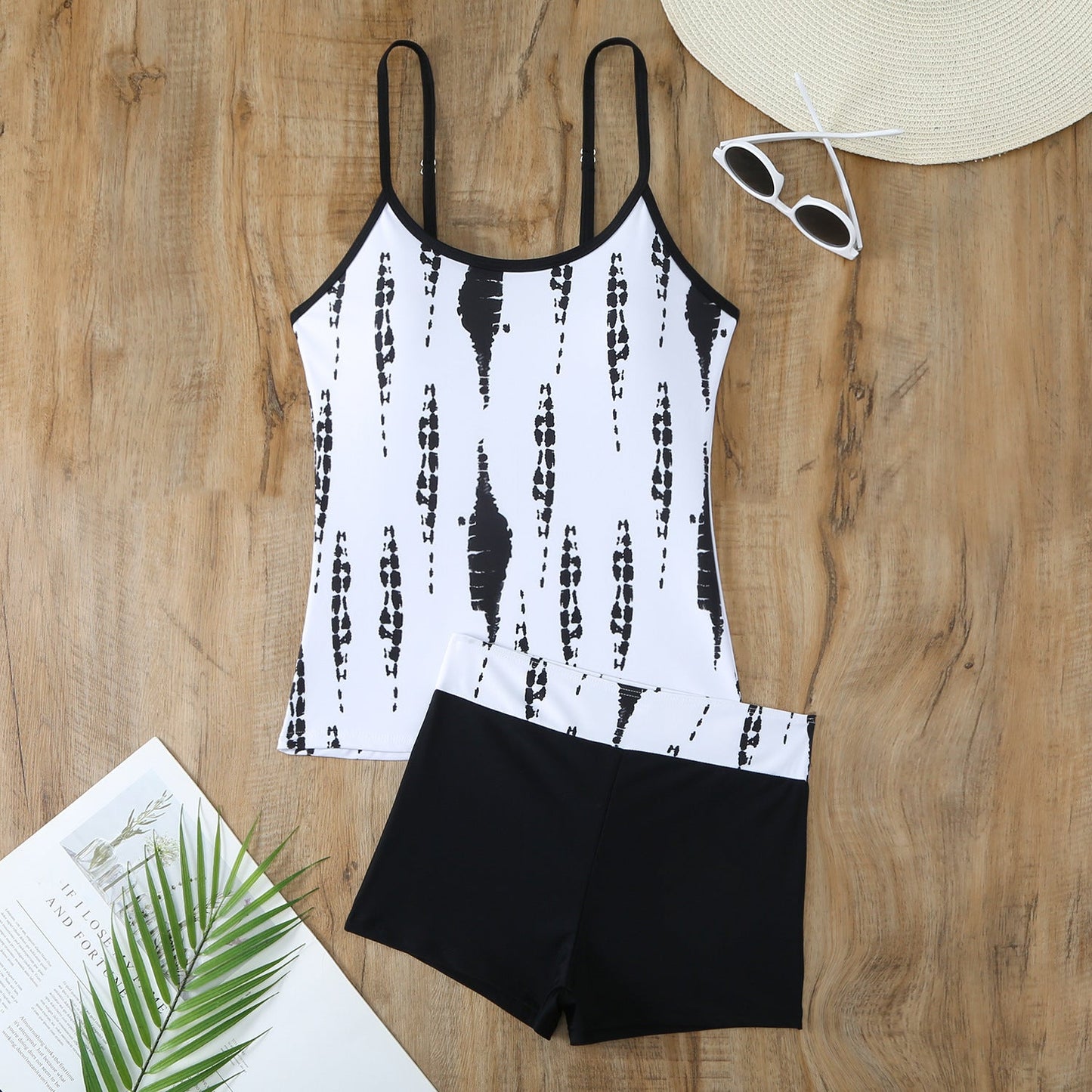 Ladies' Sporty Tankini Set with Fashionable Pattern and High-Waisted Shorts Ivyshape
