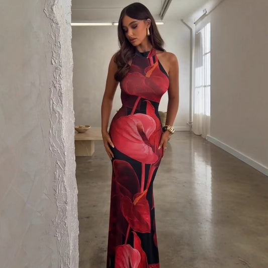 Women Figure-hugging Maxi Dress with Floral High-neck Design Ivyshape