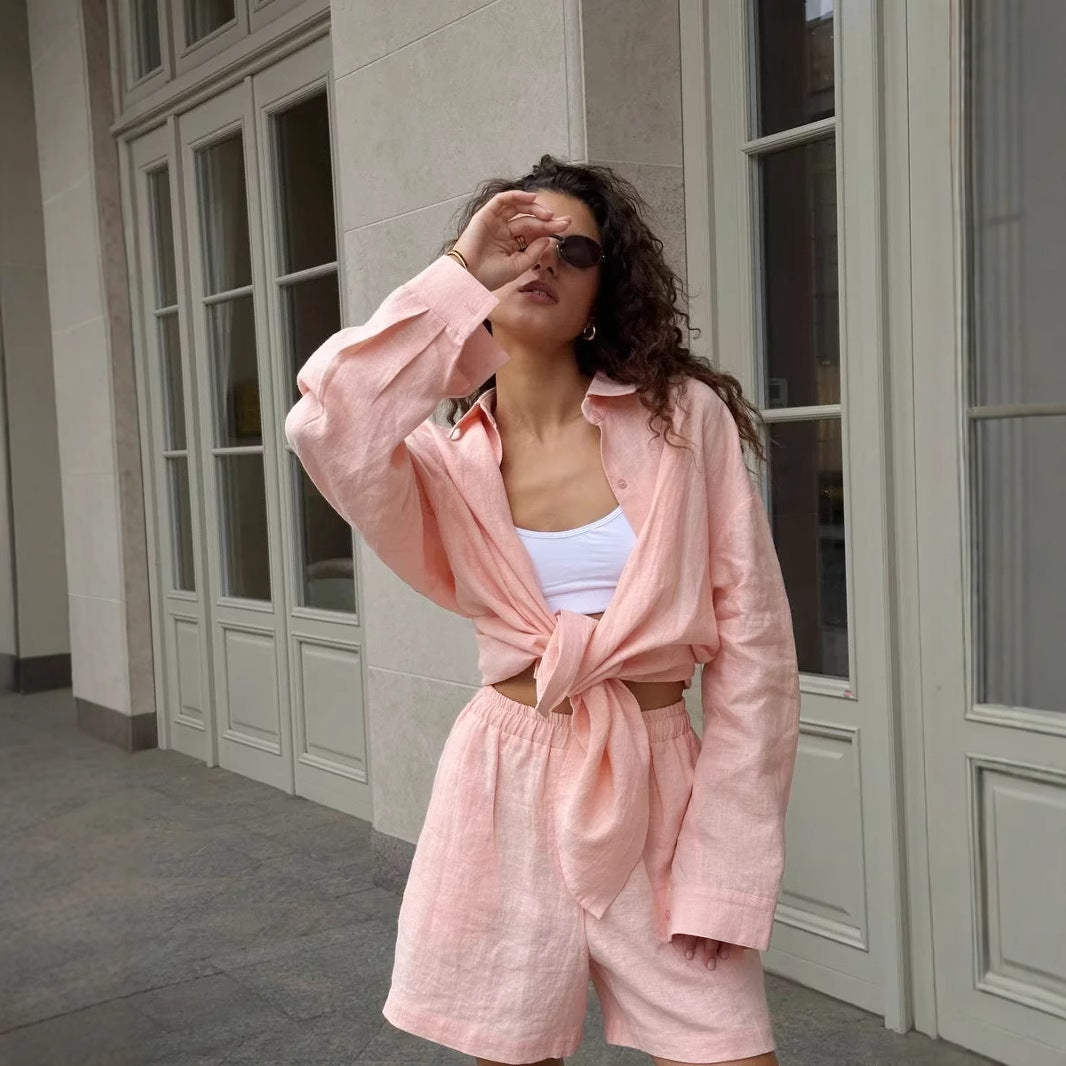 Women casual linen set with loose blouse and shorts Ivyshape