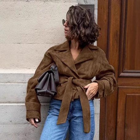 Women Fashionable Suede Blazer Jacket with Tailored Design and Ruffles Ivyshape