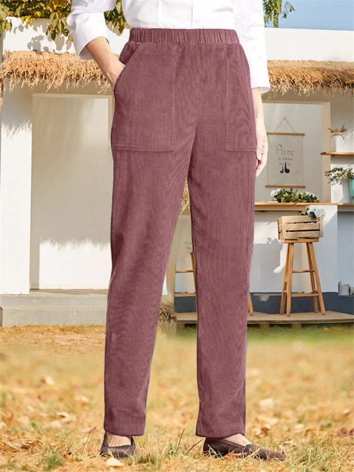 Women's corduroy pants with elastic waistband and practical pockets Ivyshape