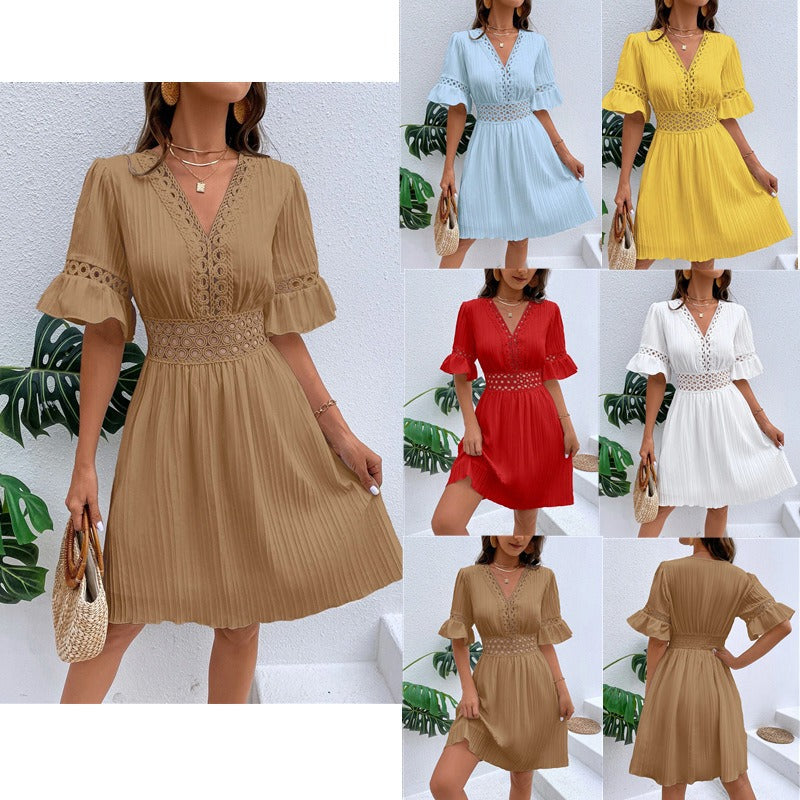 Women Elegant Midi Dress with Unusual V-Neck and Feminine Ruffle Detail Ivyshape