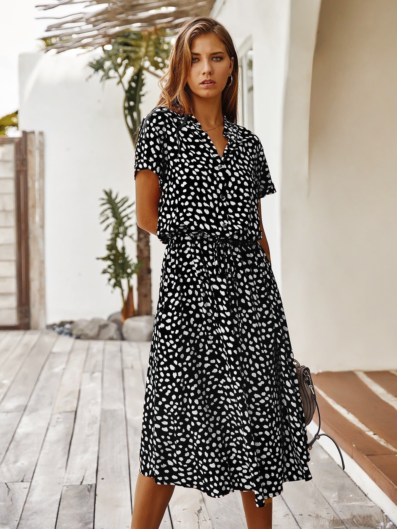 Women Short Sleeve Dress with Modern Dots and Waist Drawstring Ivyshape
