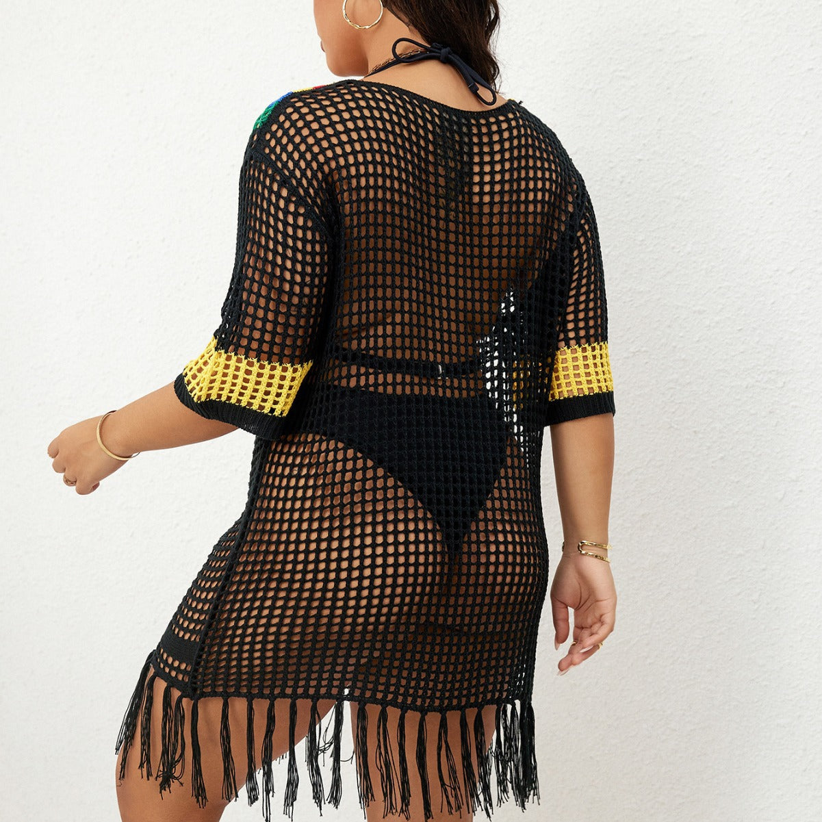 Women's mesh beach tunic with colorful V-neck and fringes Ivyshape