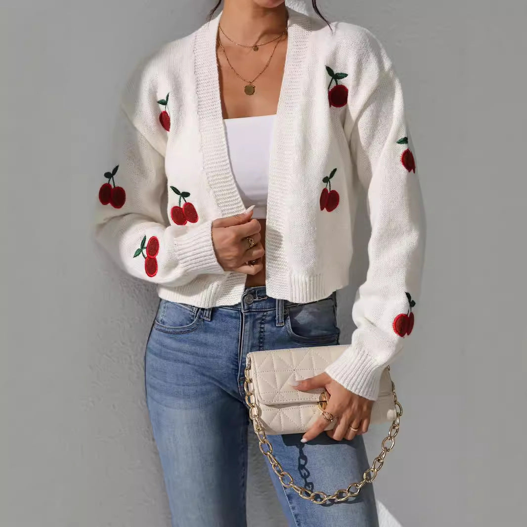 Ladies airy knitted cardigan with sweet cherry embroidery Ivyshape
