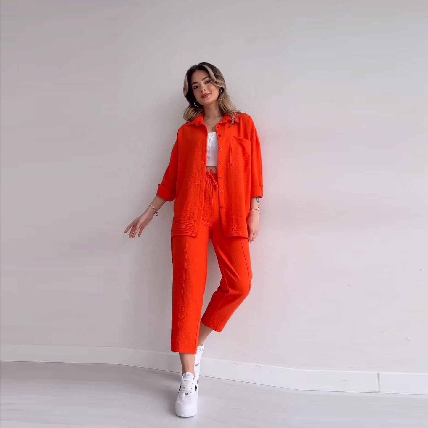 IvyShape | Tie Nine-Point Pants Long Sleeve Shirt Two-Piece Set