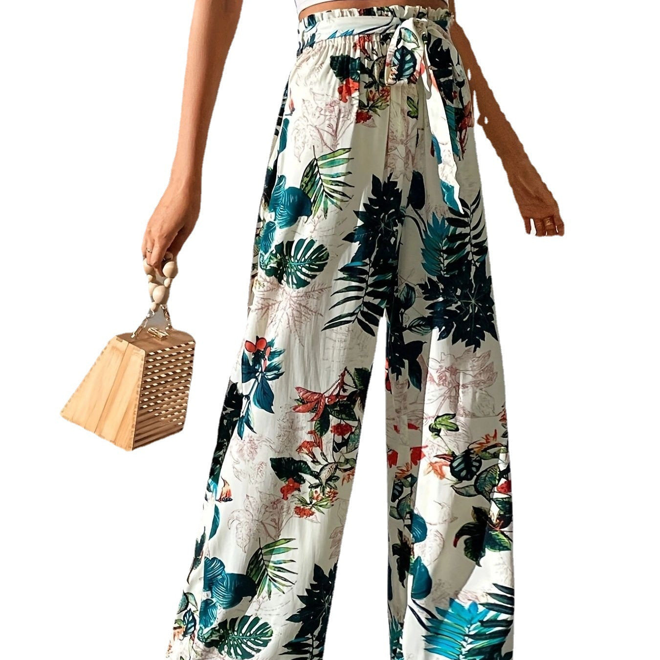 Wide women's trousers with floral print and elastic waistband Ivyshape