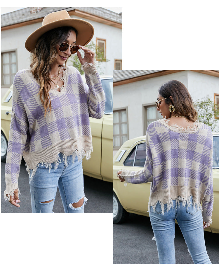 IvyShape | V-neck fringe sweater