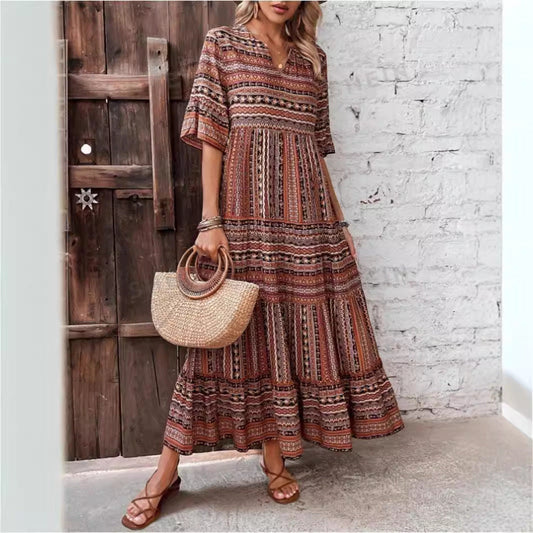 IvyShape | Printed Maxi Bohemian V-Neck Casual Dress