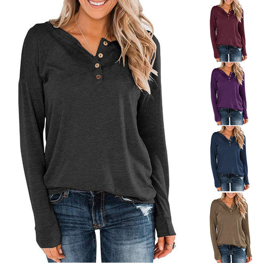 Women's Fashion Long Sleeve Henley Shirt with Button Placket Ivyshape
