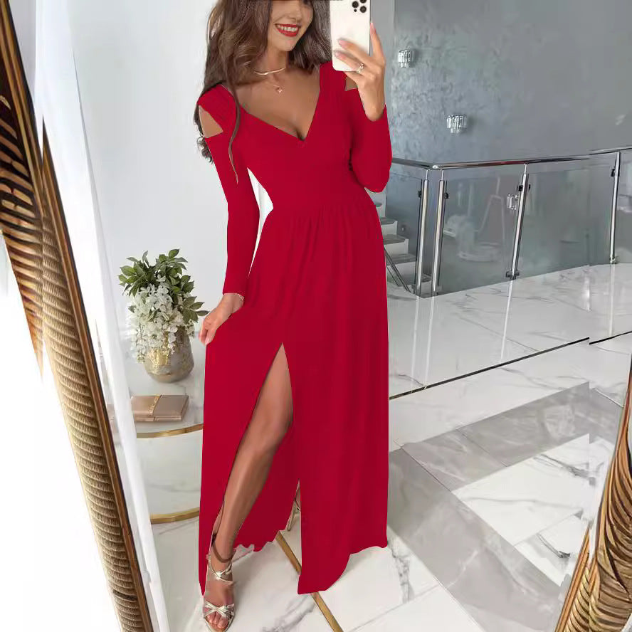 Ladies elegant and figure-flattering dress with long sleeves and side slit Ivyshape