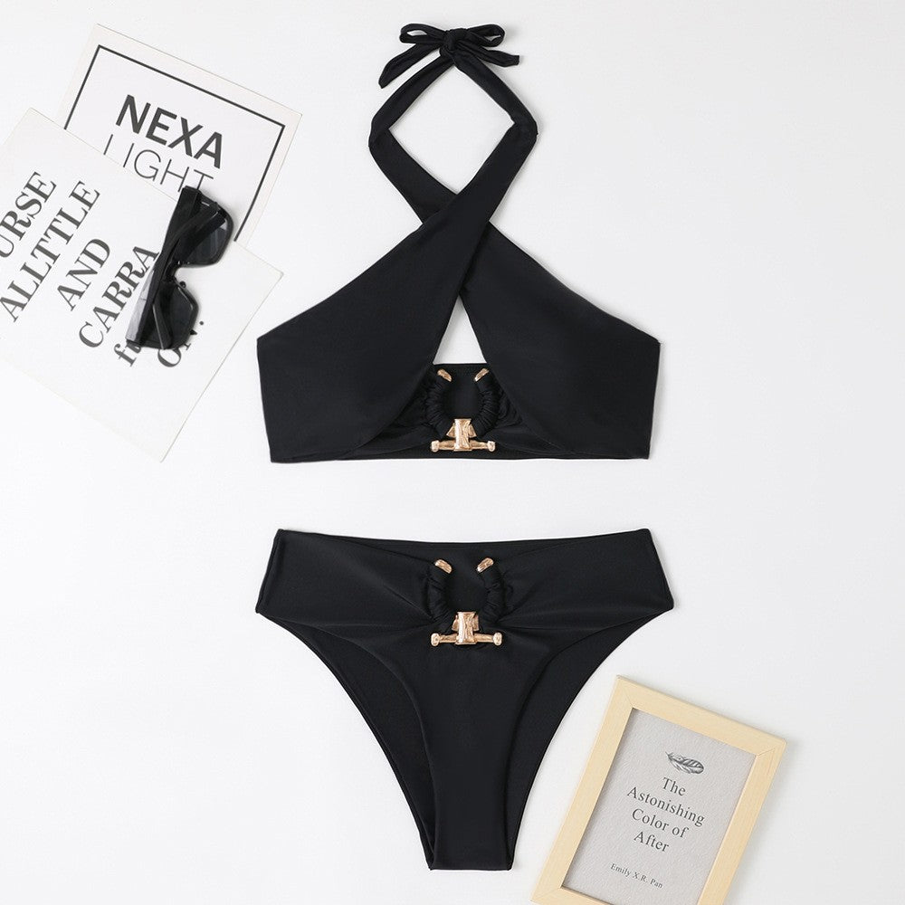 Women’s bikini set with trendy cross design and golden accents Ivyshape