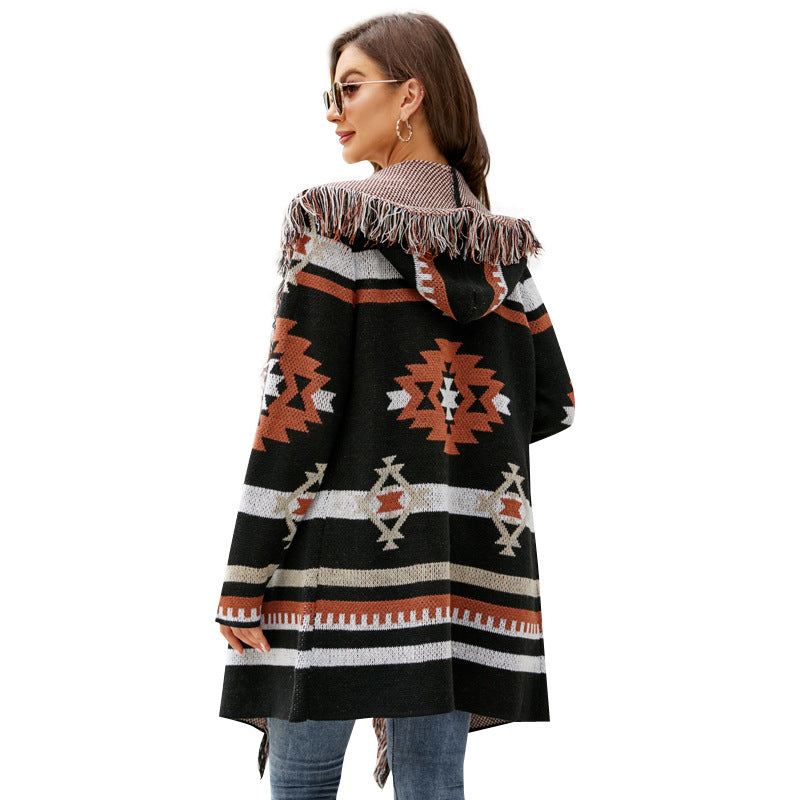 IvyShape | Fringes Geometric Jacquard Sweater Coat