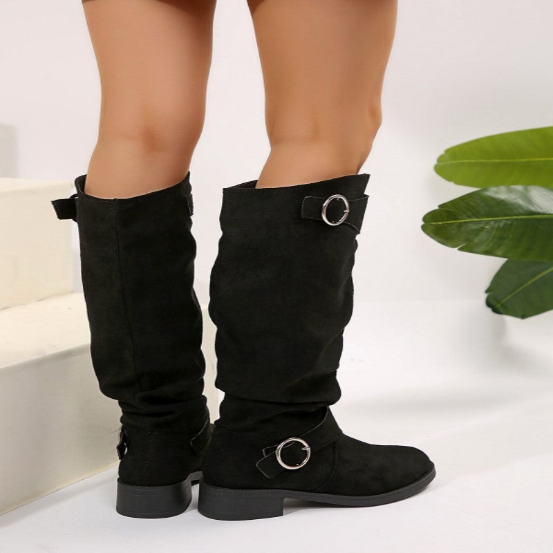 Ladies Stylish Overknee Boots with Fashionable Straps and Crumpled Design Ivyshape