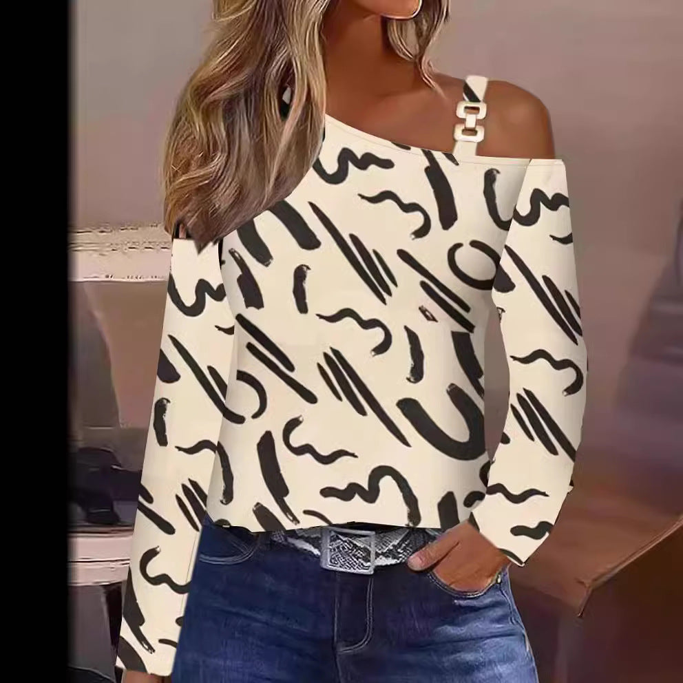 Women's Off-Shoulder Top with Fashionable Pattern and Decorative Straps Ivyshape