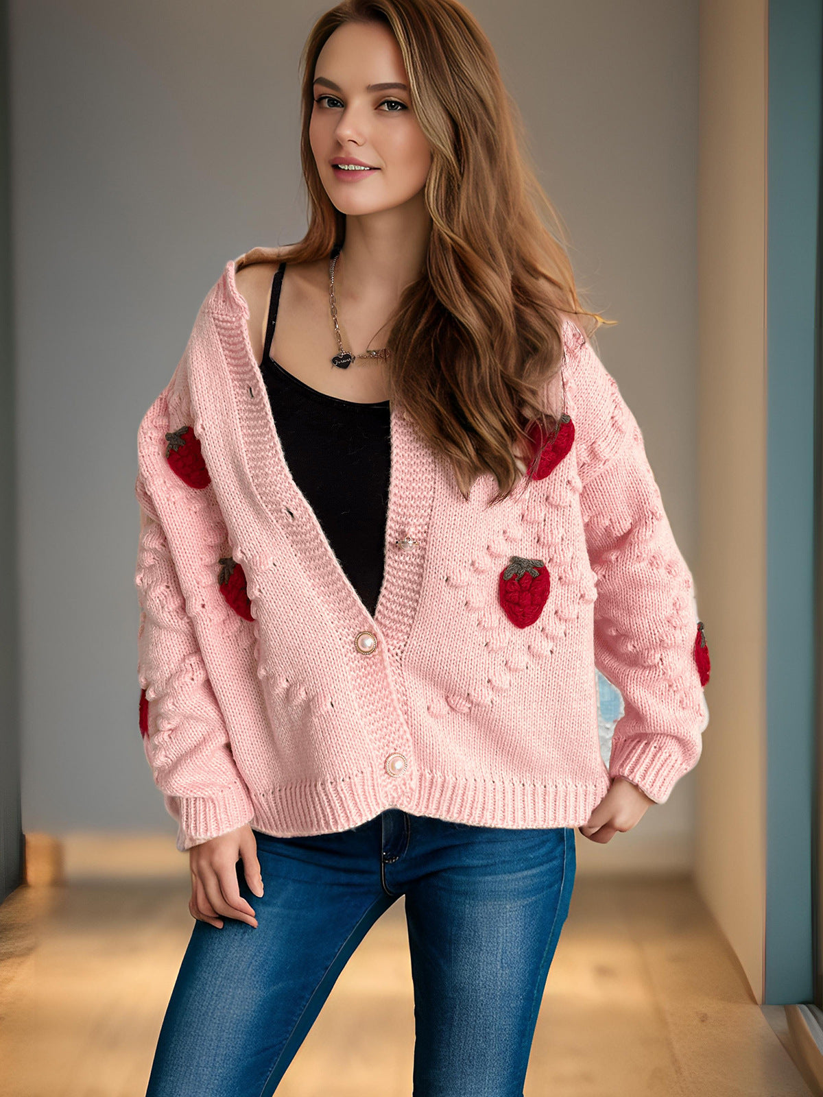 Women's cardigan with playful strawberry motif and button details Ivyshape
