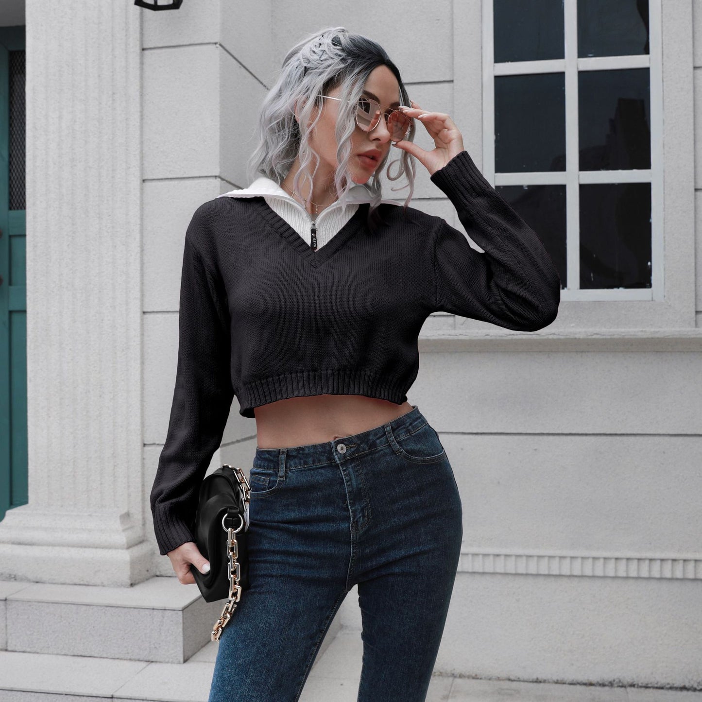 Women's Cropped Sweater with High Collar and Concealed Zipper Ivyshape