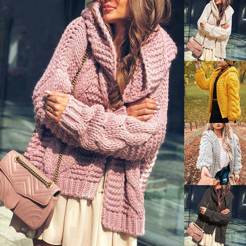 Women's chunky knit cardigan in a casual oversized style with shawl collar and large pockets Ivyshape