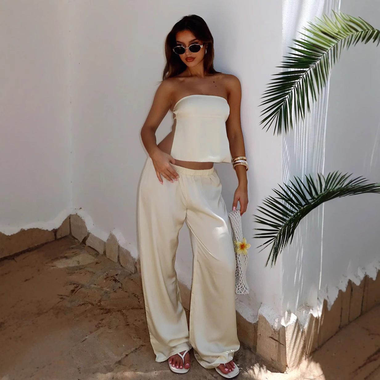 Women Elegant Strapless Crop Top and Flowing Cropped Pants Set Ivyshape