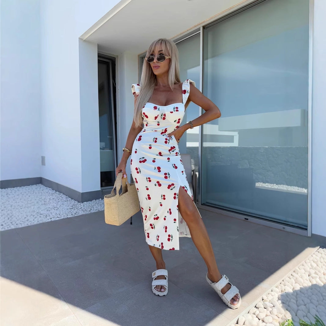 Ladies Floral Pattern Midi Dress with Side Slit Ivyshape