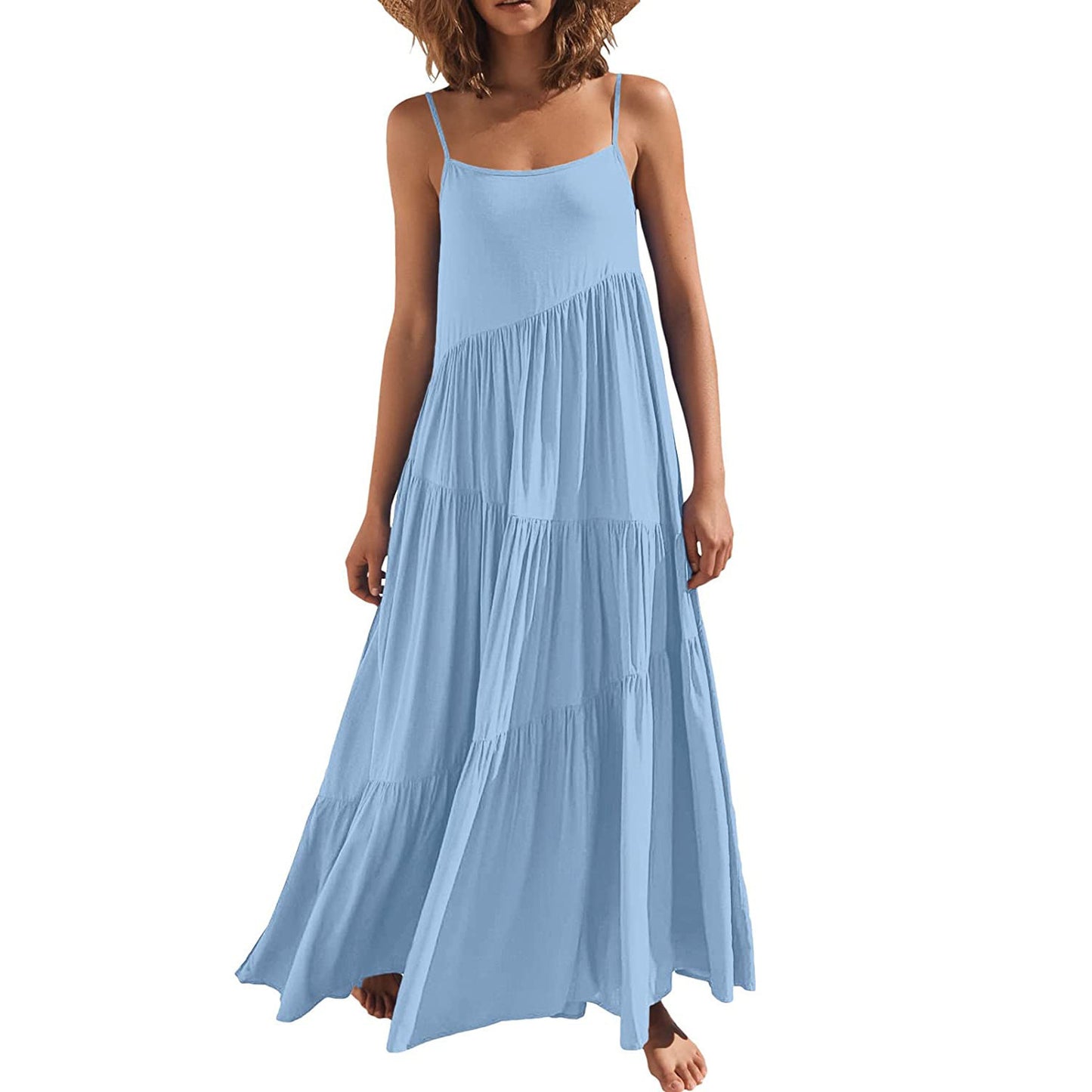 Ladies airy maxi dress with spaghetti straps and stylish layering Ivyshape