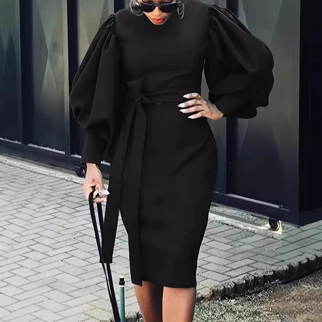 Women's pencil dress with voluminous puff sleeves and a waist belt Ivyshape