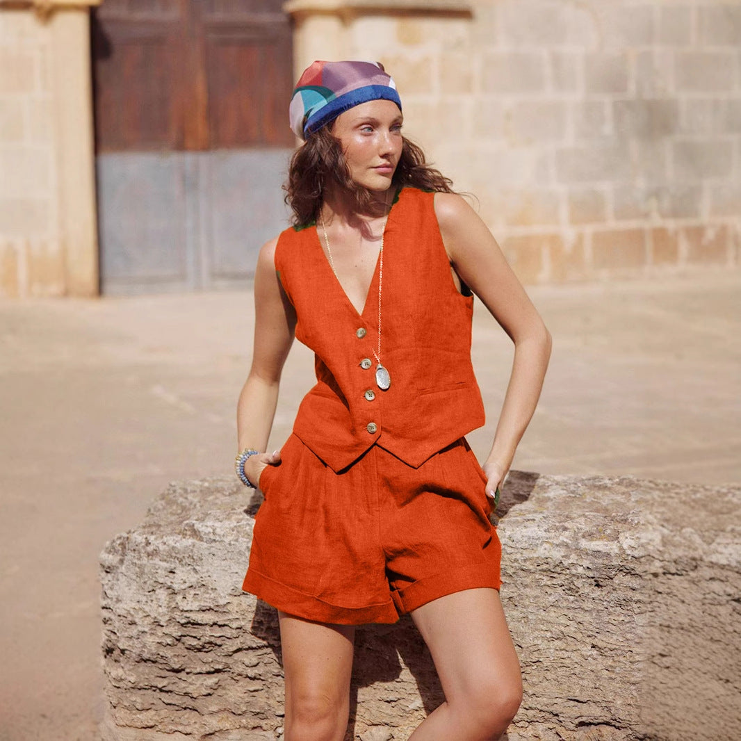 Ladies Two-Piece Linen Set with Fitted Vest and Shorts Ivyshape
