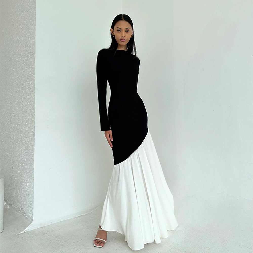 Women elegant, asymmetric maxi dress with long sleeves and color contrasts Ivyshape