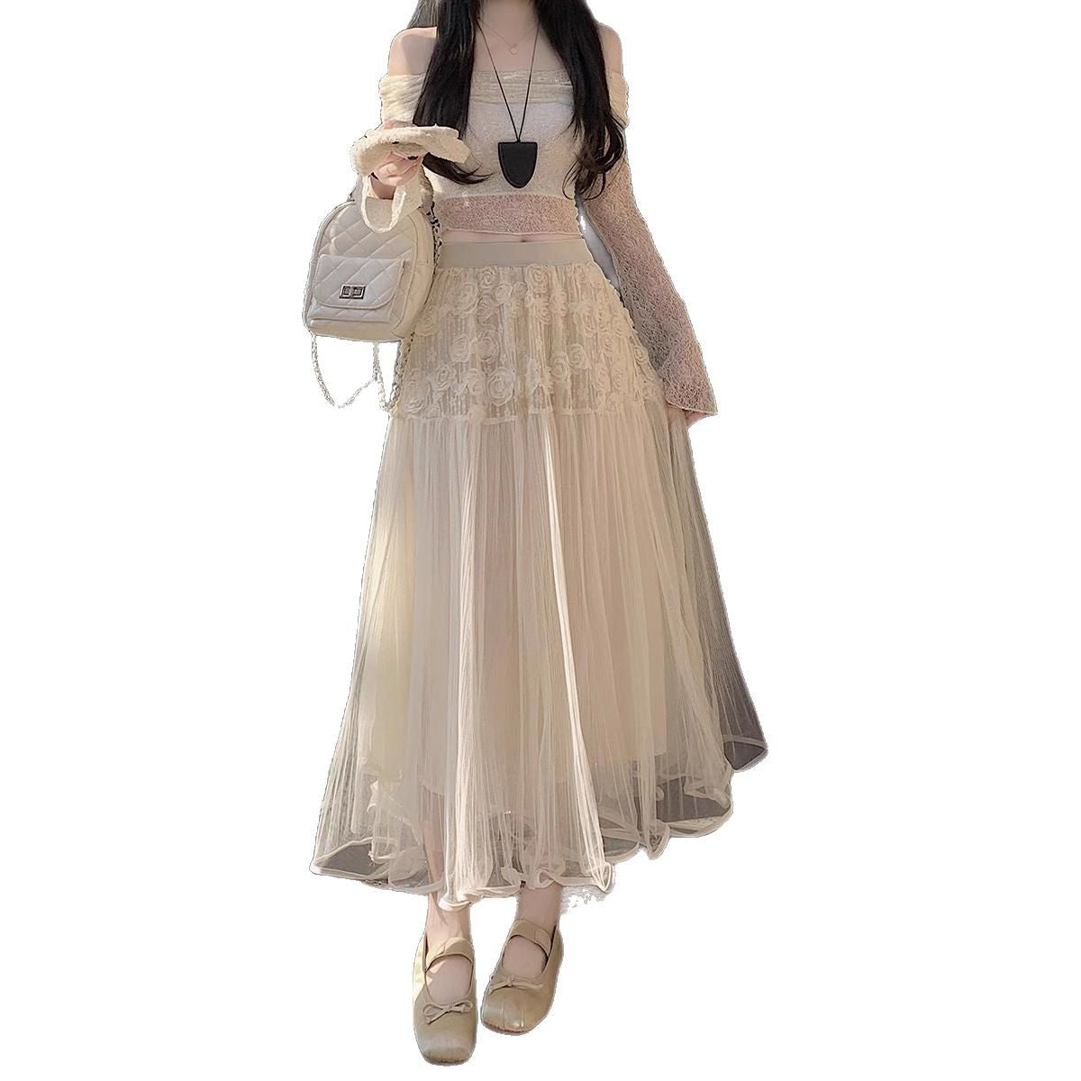 Women Elegant Tulle Skirt with Floral Detail Ivyshape