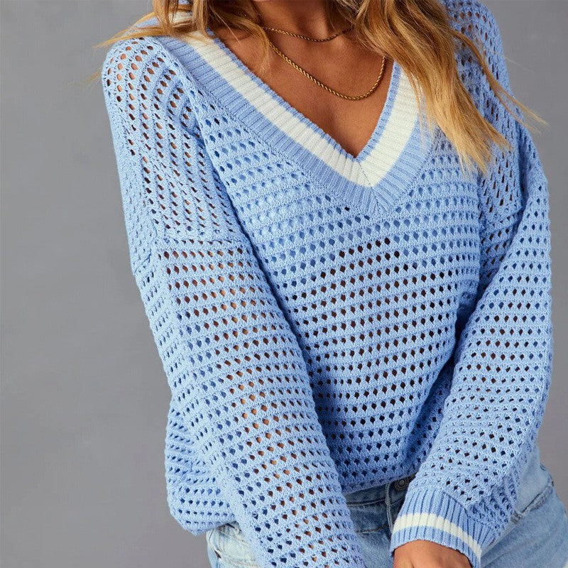 IvyShape | Hollowed-Out Long Sleeve Knitted Top