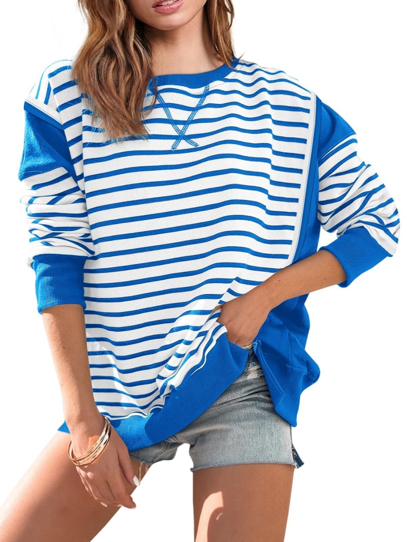 IvyShape | Striped Contrast Neck Sweatshirt Long Sleeve T-Shirt