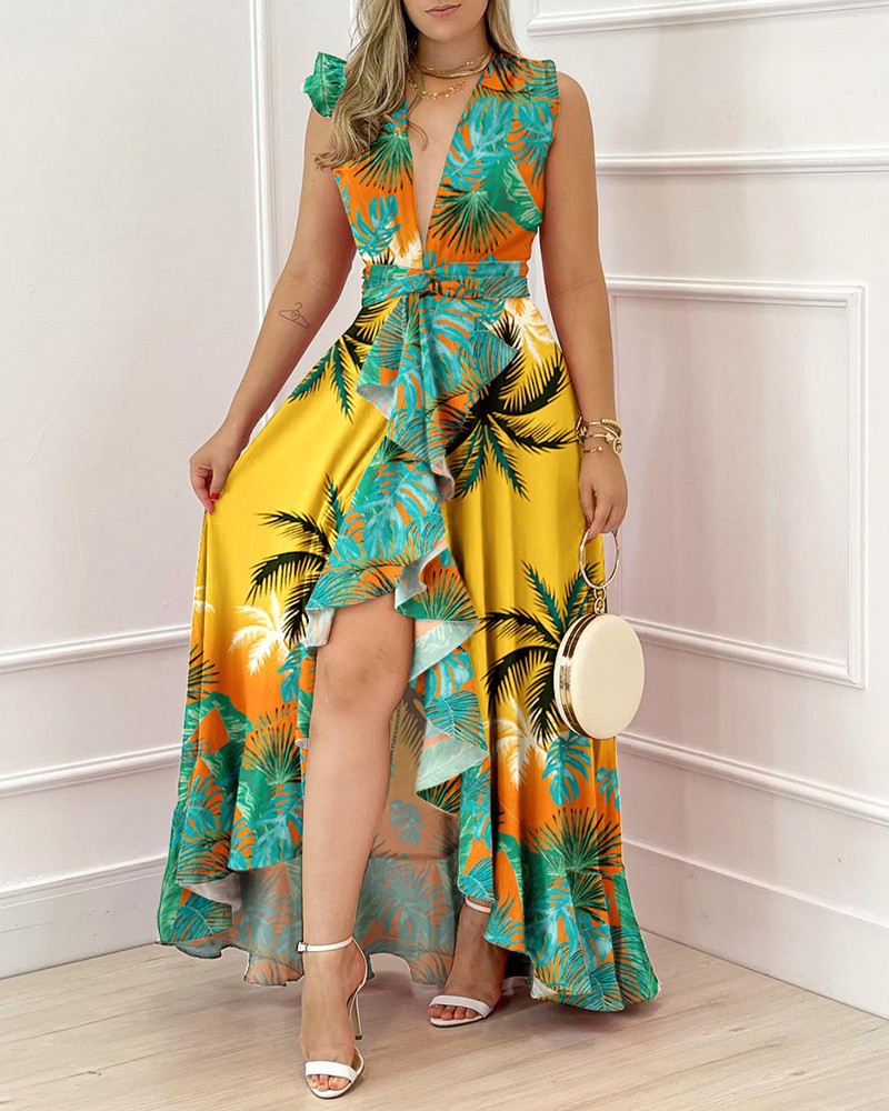 IvyShape | High-Waisted Coconut Tree Print Dress