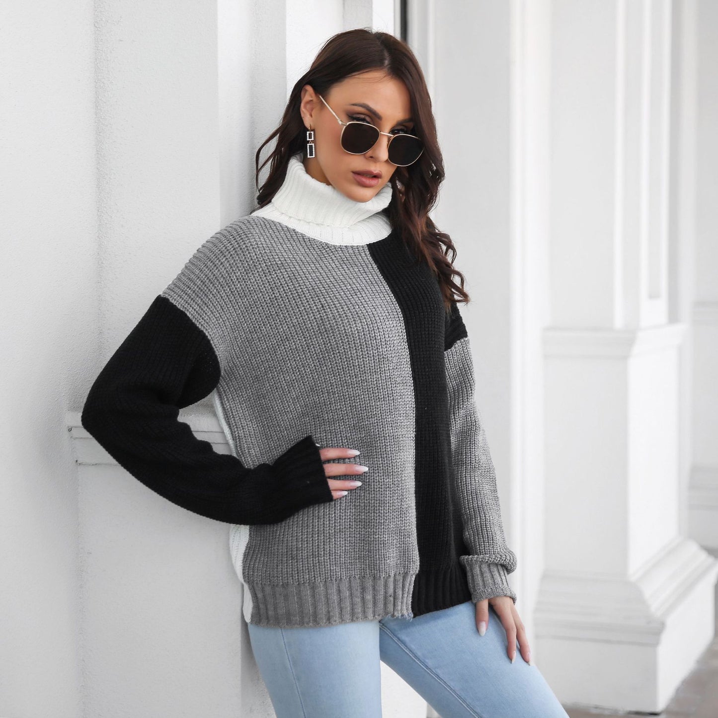 Ladies chunky knit sweater with high collar and modern color block design Ivyshape