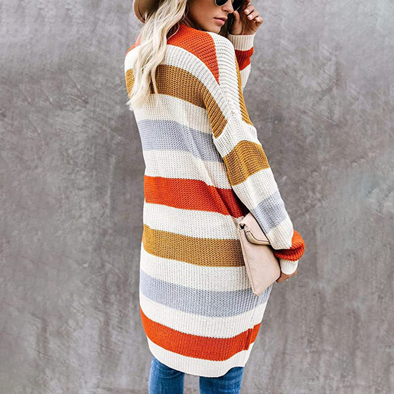 Women's casual cardigan with fashionable striped pattern and practical pockets Ivyshape