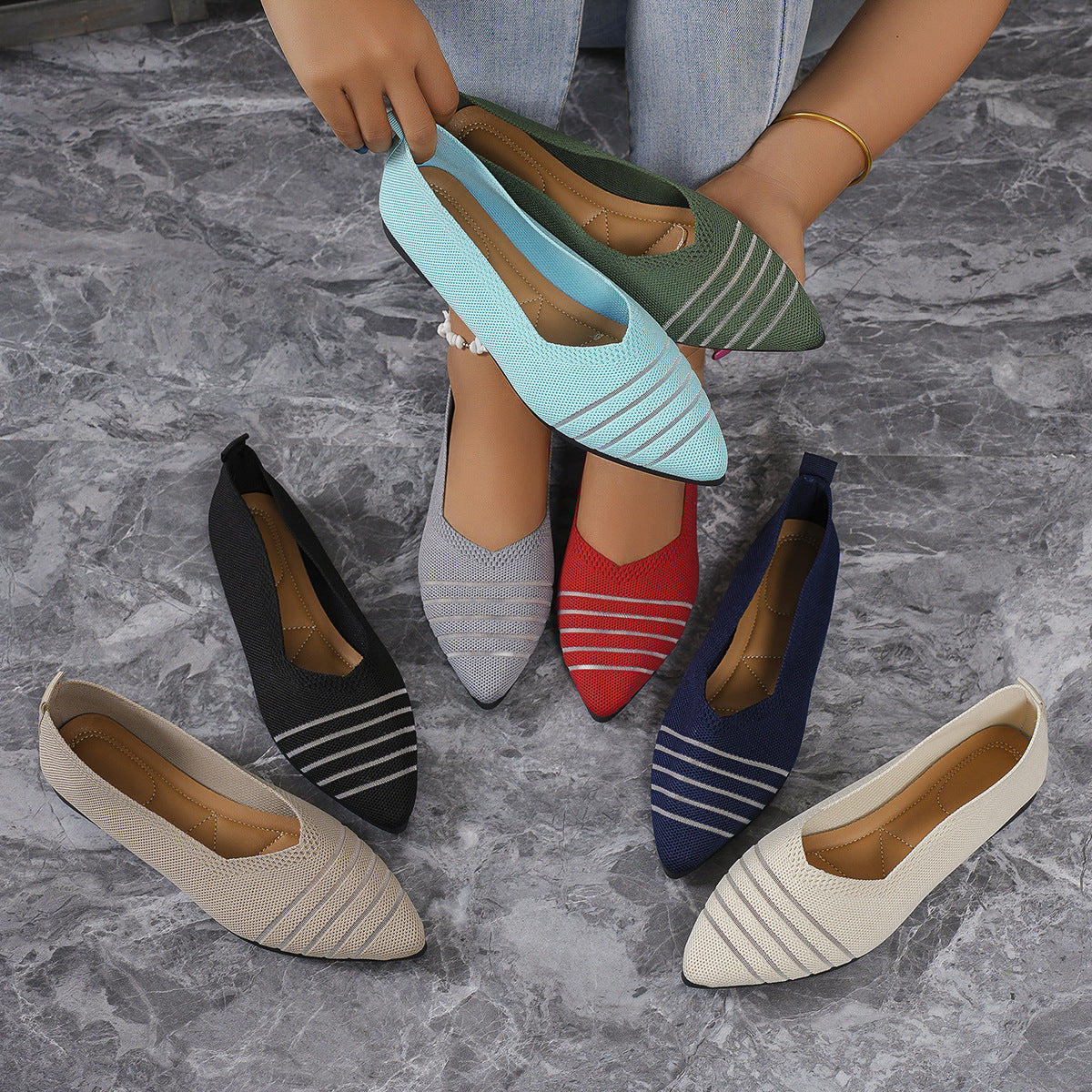 Women striped knit pointed shoe flats Ivyshape